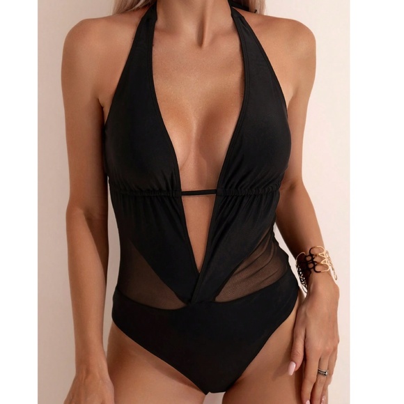 Black Cut out Semi Sheer Halter Neck Monokini One Piece Swimsuit - Picture 1 of 8